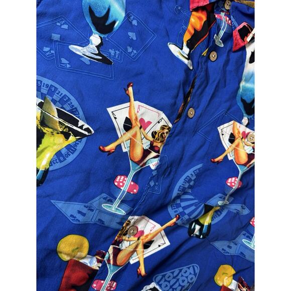 JUNCTION WEST Blue Retro 50s 60s MARTINI + PIN-UP GIRLS HAWAIIAN SHIRT Men's M - Picture 2 of 6